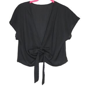 Black Semi-Sheer V-Neck Tie Front Top Short Sleeve Blouse Size Medium